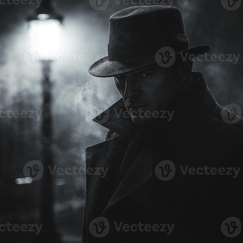 A mysterious dark-haired man in a fedora stands in shadow, illuminated by a streetlamp, evoking a noir atmosphere. photo