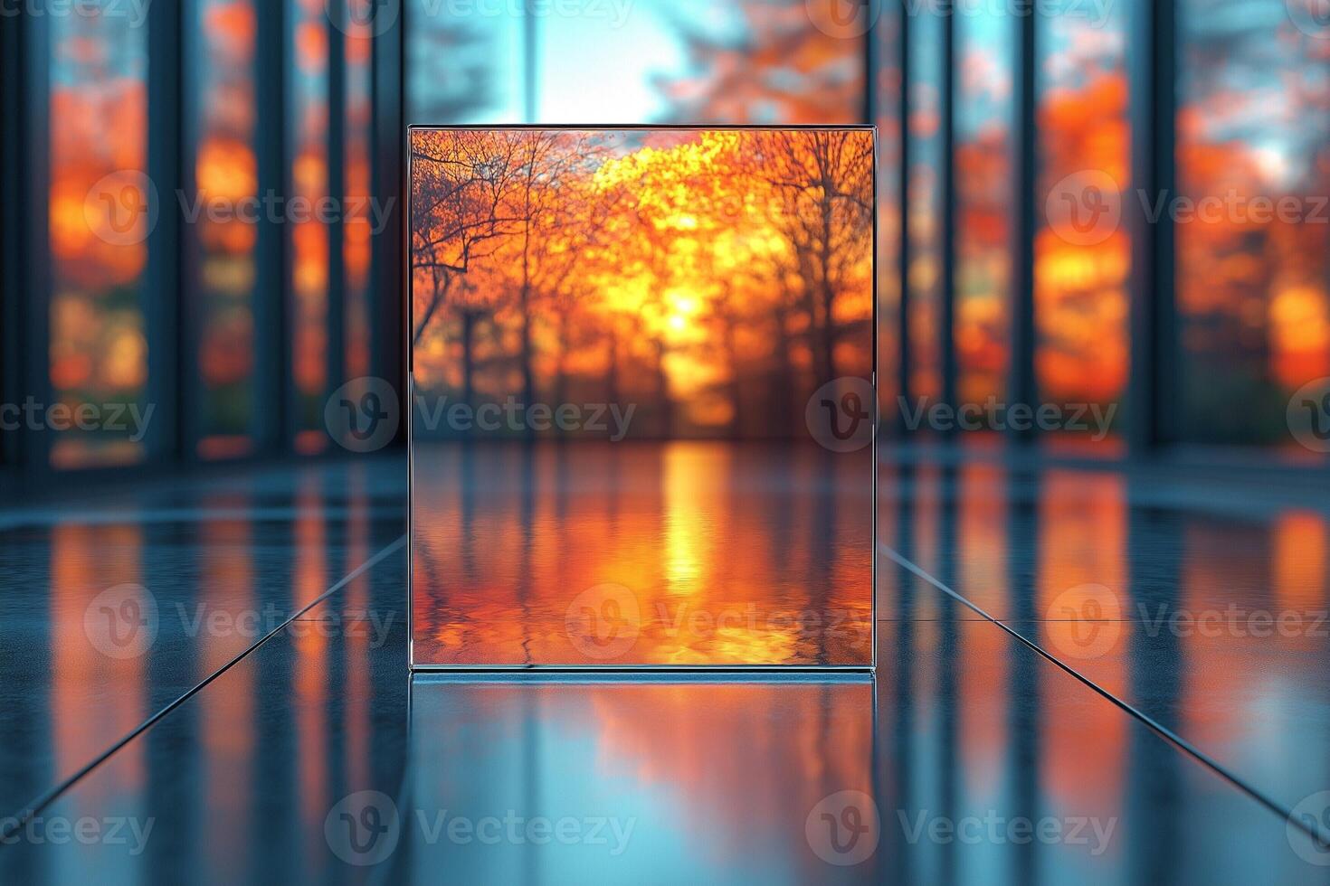 A serene view of vibrant autumn foliage reflected in a glass panel, creating a harmonious blend of colors and nature's beauty. photo
