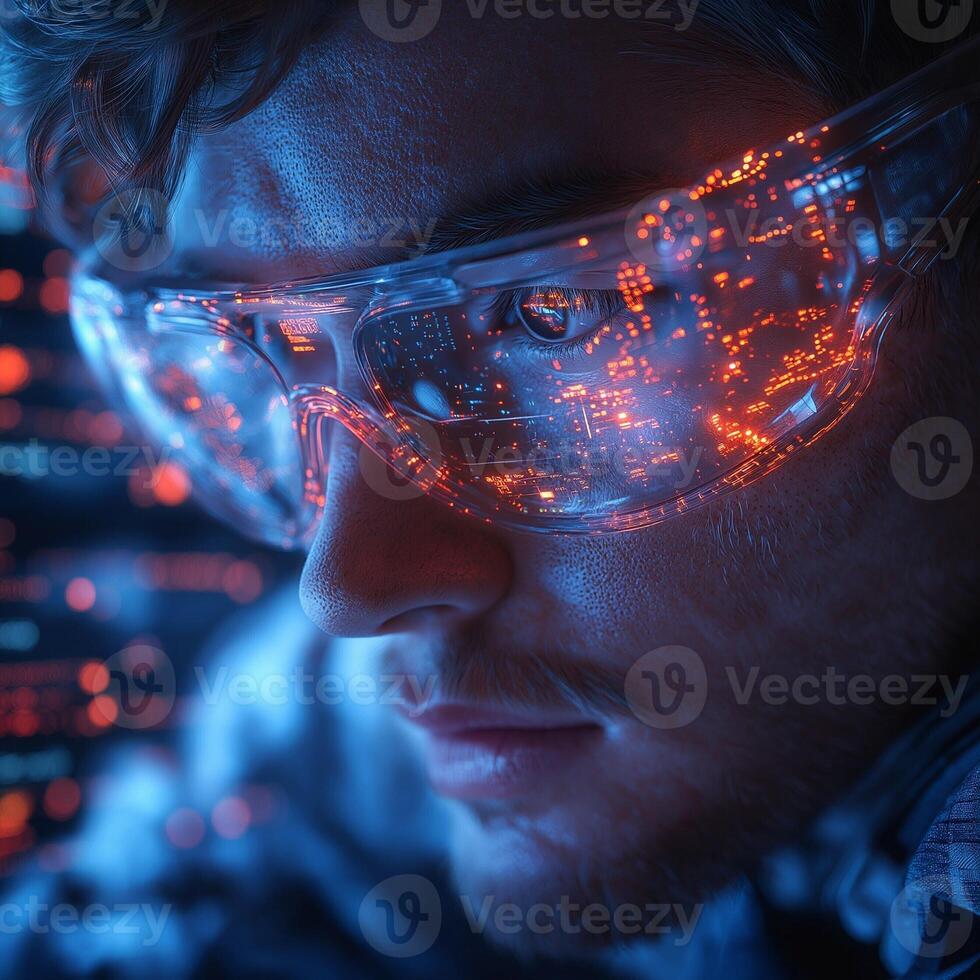 A young Caucasian male wearing futuristic glasses reflecting vibrant digital patterns. photo