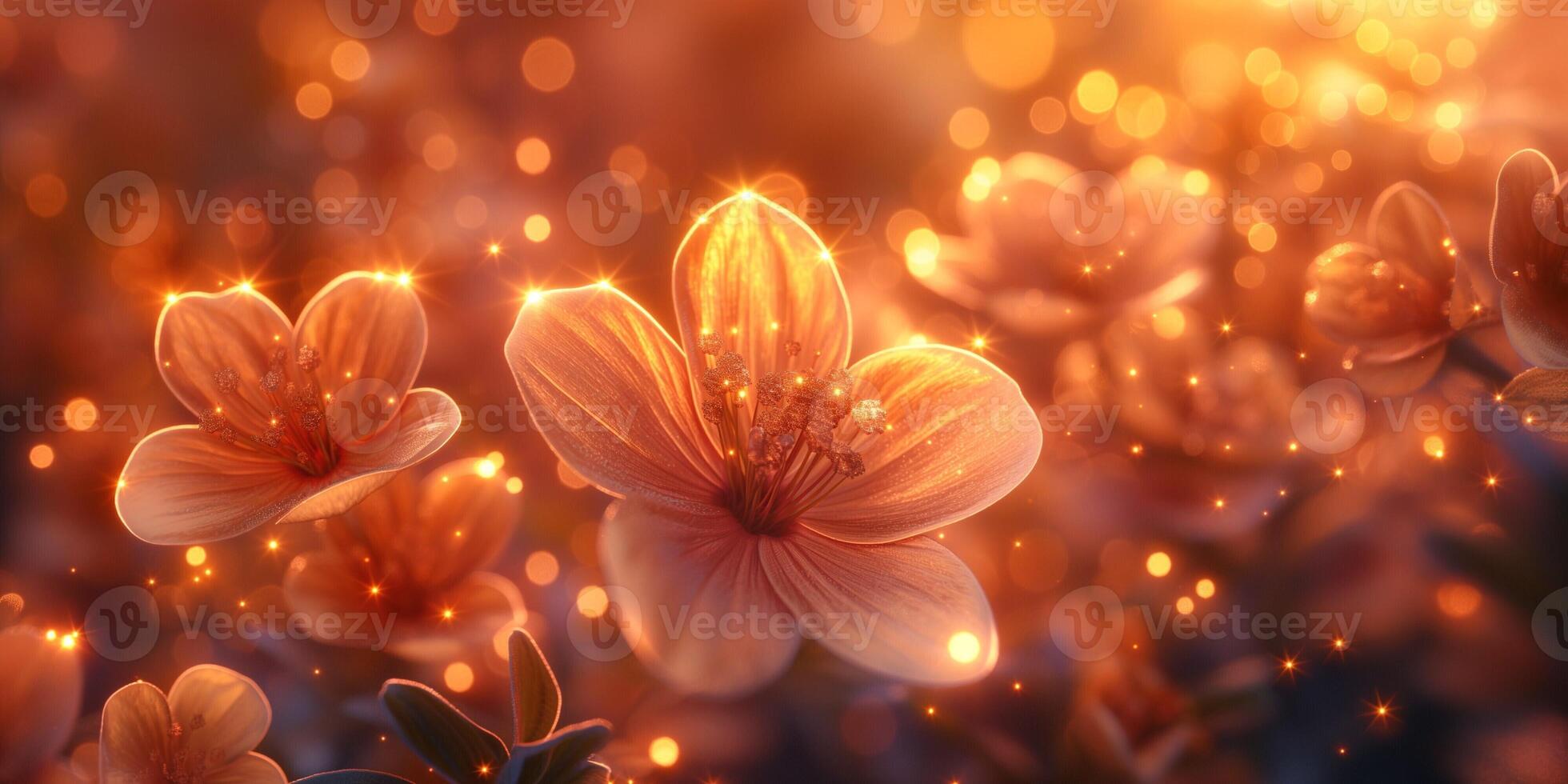 Delicate pink blossoms radiating warmth in a magical sunset glow. photo