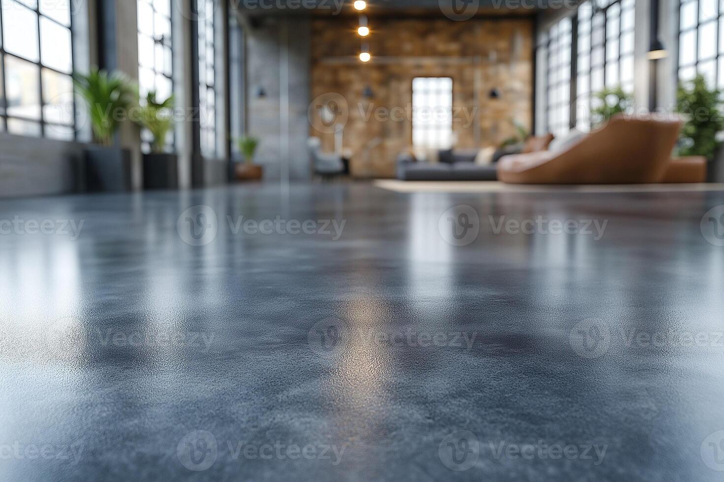 Modern interior of a spacious industrial-style living room with large windows and a polished floor. photo