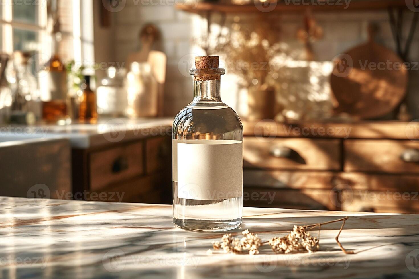 A clear glass bottle filled with water sits on a marble countertop in a sunlit kitchen. photo