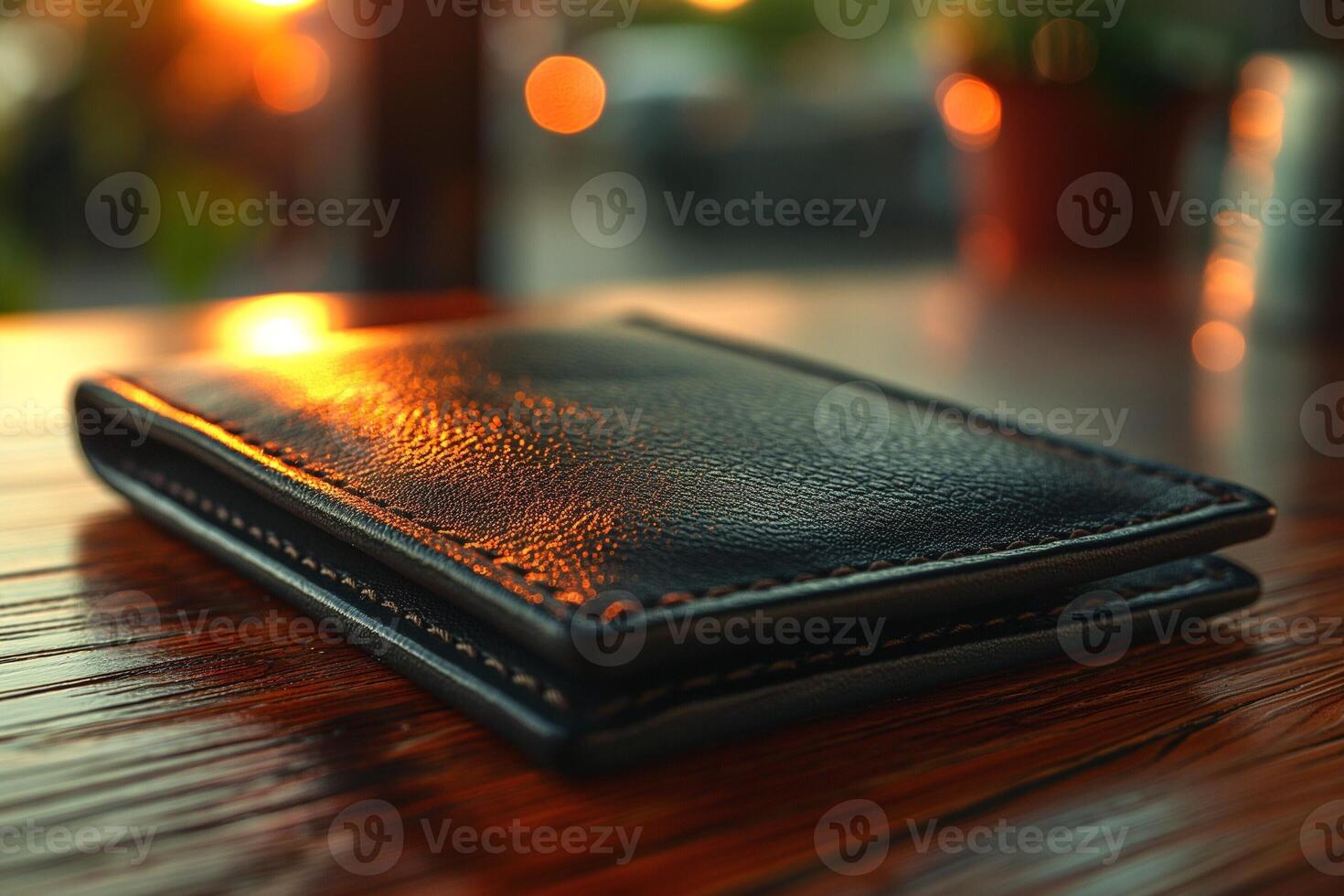 A sleek black leather wallet rests on a wooden table, illuminated by warm sunset light. photo