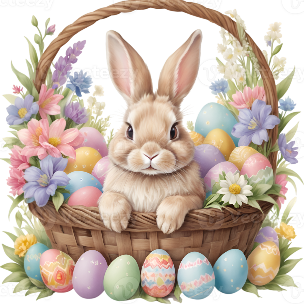 Easter bunny in basket with eggs and flowers png