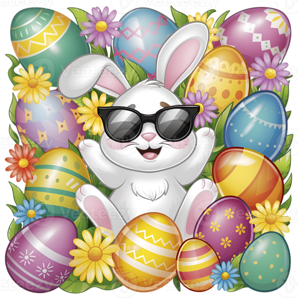 An easter bunny with sunglasses and colorful eggs png