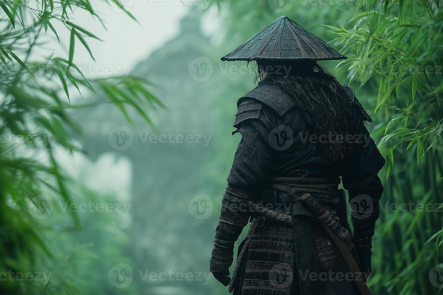A male warrior of Asian descent stands in a misty bamboo forest, exuding a sense of mystery and strength. photo