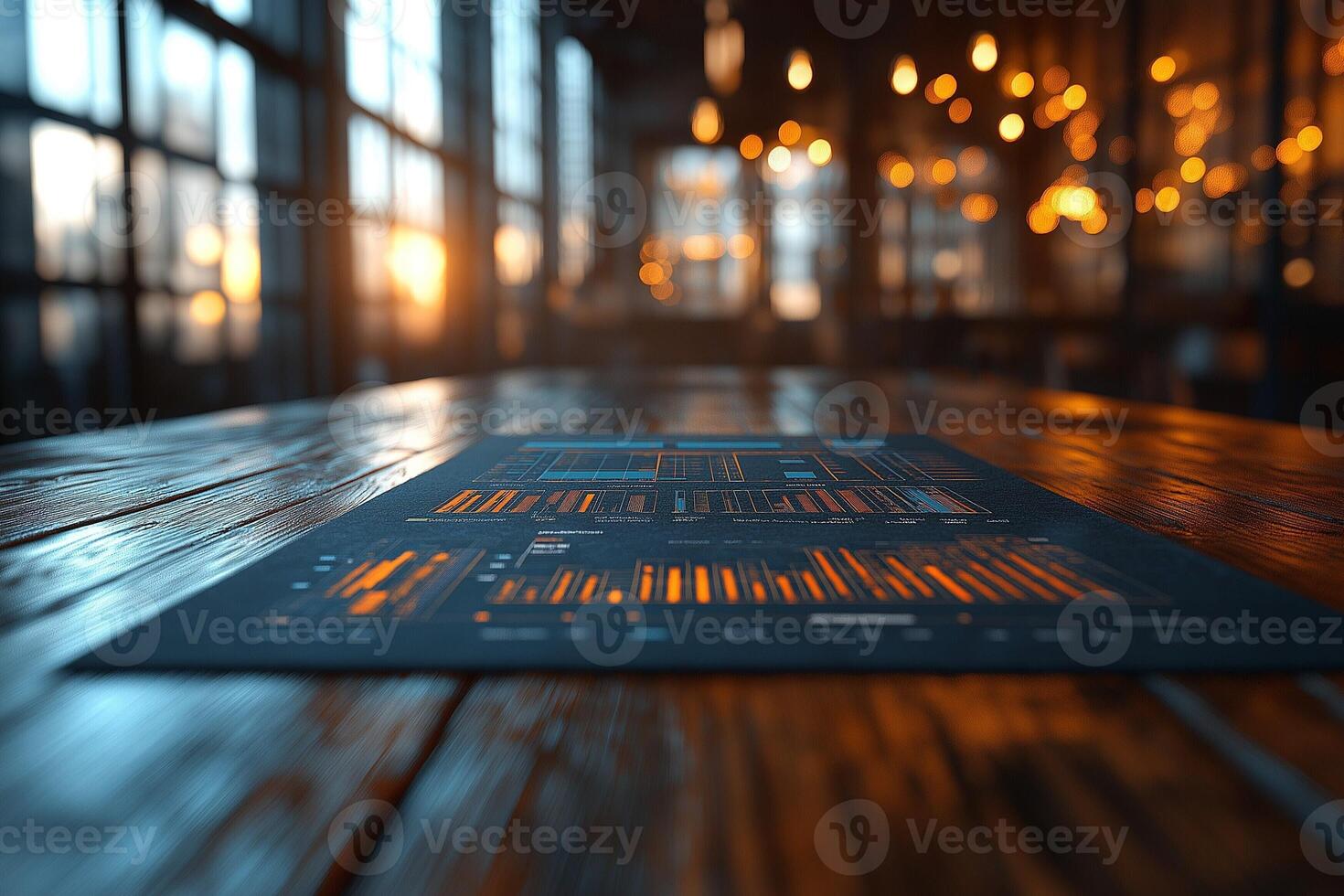 An artistic view of data visualization on a wooden table, illuminated by warm sunset light filtering through large windows. photo