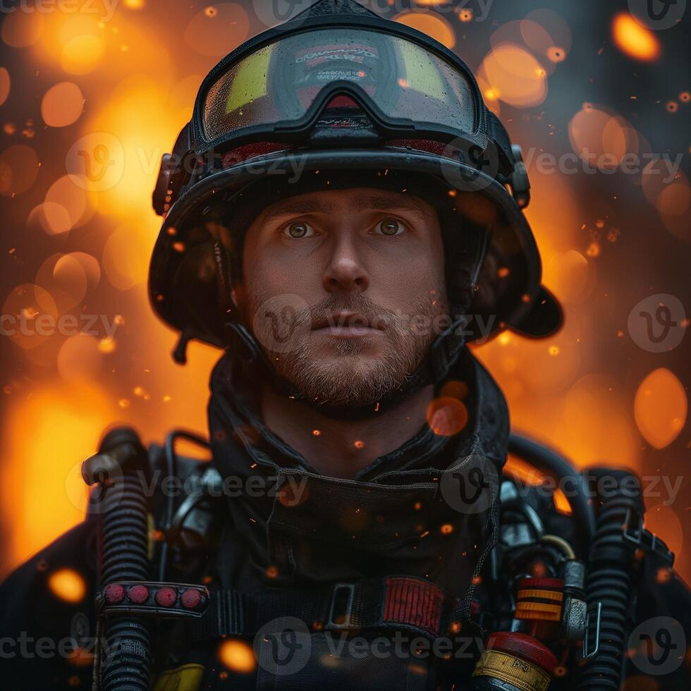 A male firefighter looks determined against a backdrop of flames and embers, showcasing bravery and resilience. photo