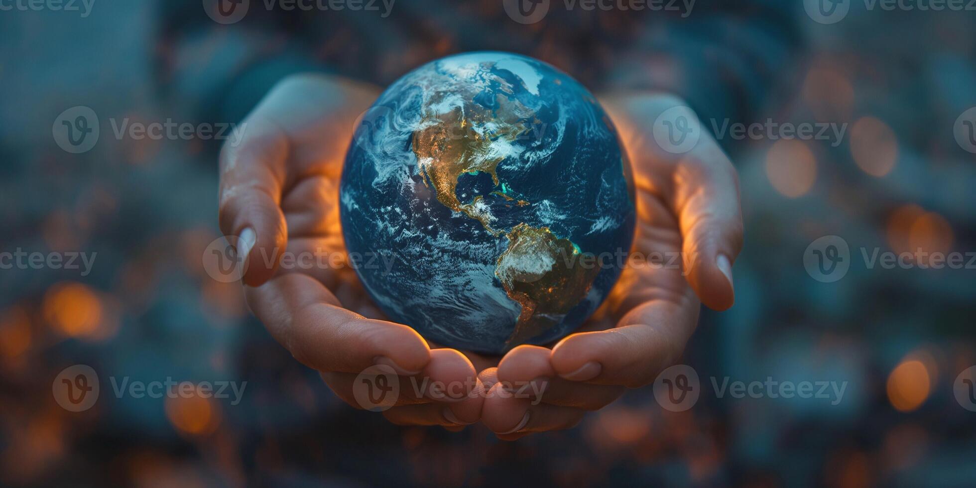 A pair of hands cradles a glowing Earth, symbolizing care and responsibility for our planet. photo