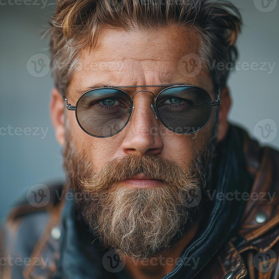 A rugged Caucasian man in stylish sunglasses and a leather jacket, exuding confidence and charisma. photo