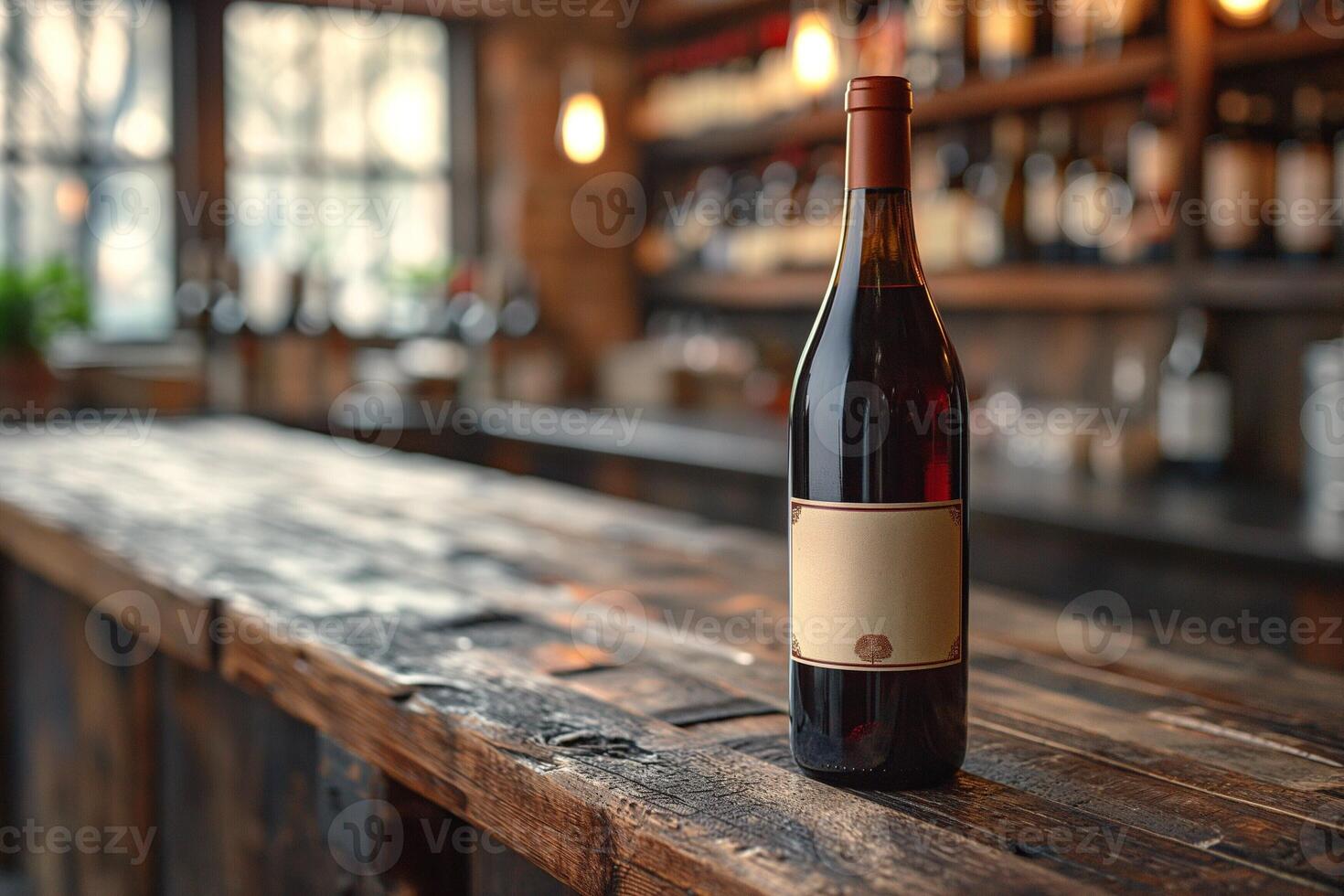 A bottle of red wine stands elegantly on a rustic wooden bar, showcasing its rich color against a warm, inviting background. photo
