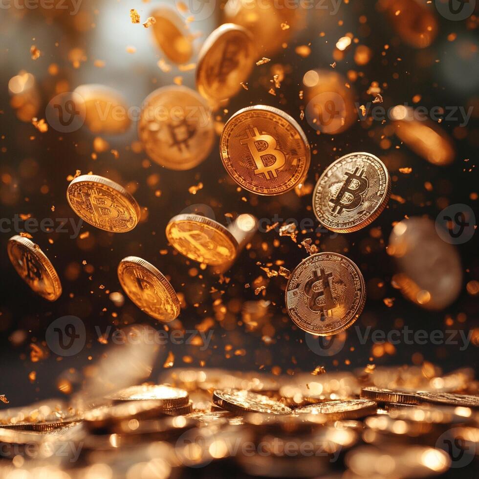 An artistic representation of flying cryptocurrency coins, showcasing golden and silver tones against a warm, dynamic background. photo