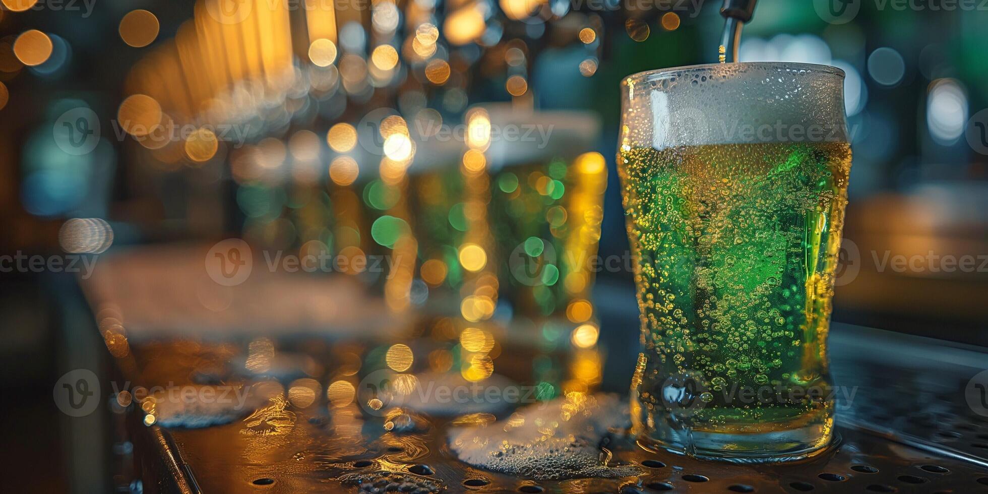 A sparkling glass of green beer sits on a bar counter, illuminated by warm glow from tap lights, creating a festive atmosphere. photo