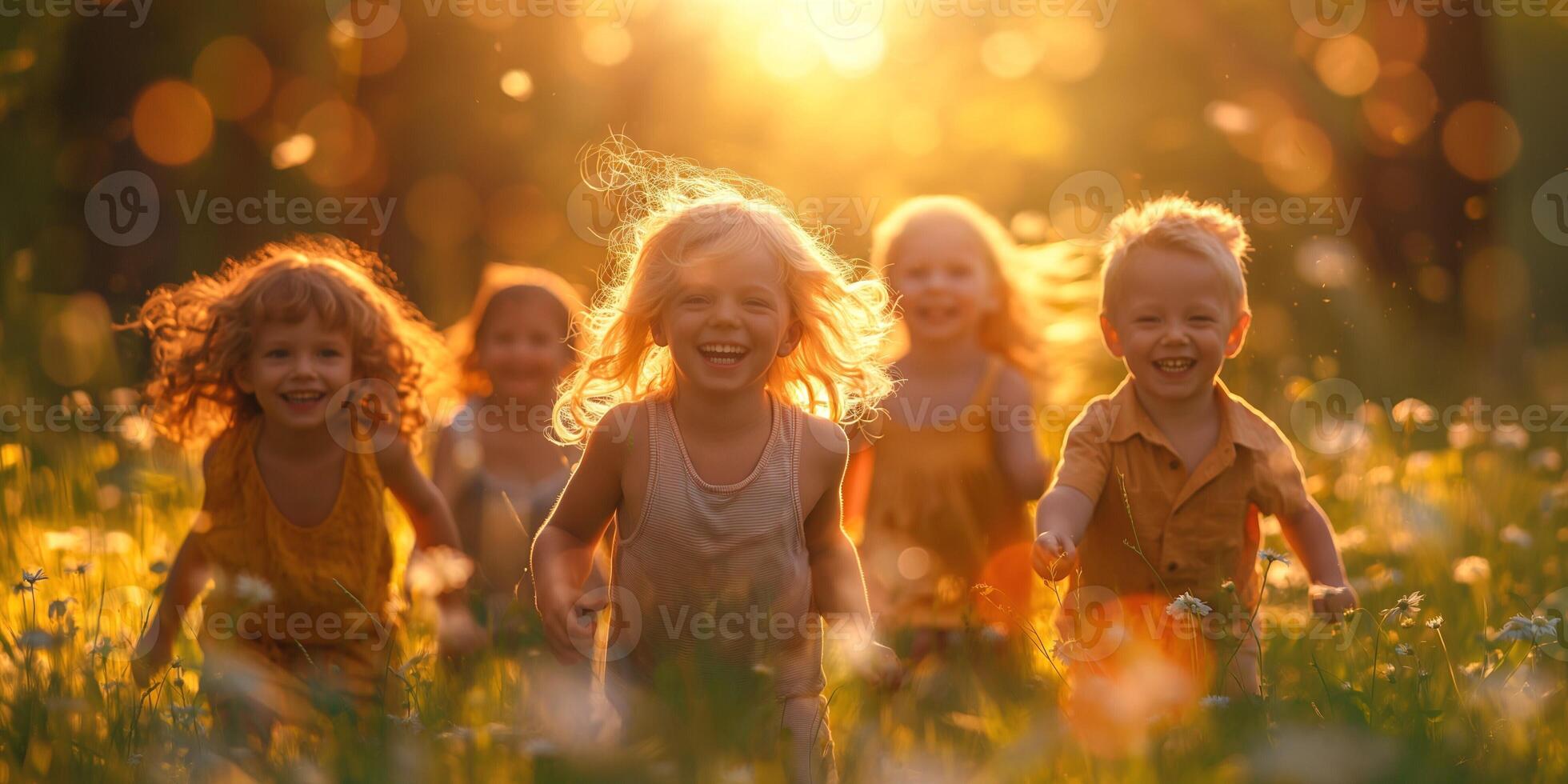 A joyful group of children running in a sunlit meadow, capturing the essence of childhood happiness. photo