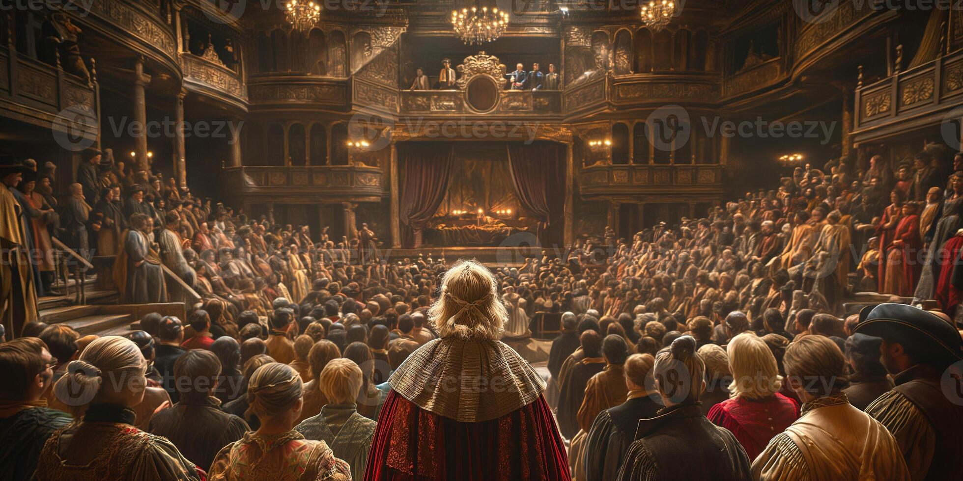 A grand scene depicting a diverse audience at a historical theater, engaged in a live performance. photo