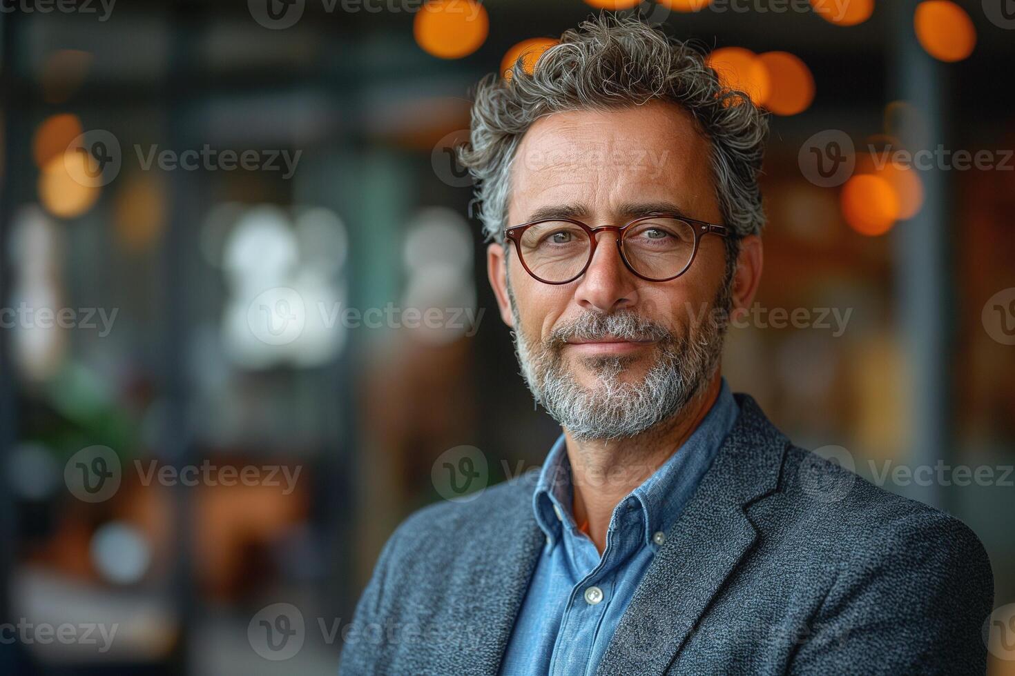 Confident middle-aged man with curly hair and glasses, exuding a relaxed yet professional vibe in a stylish setting. photo