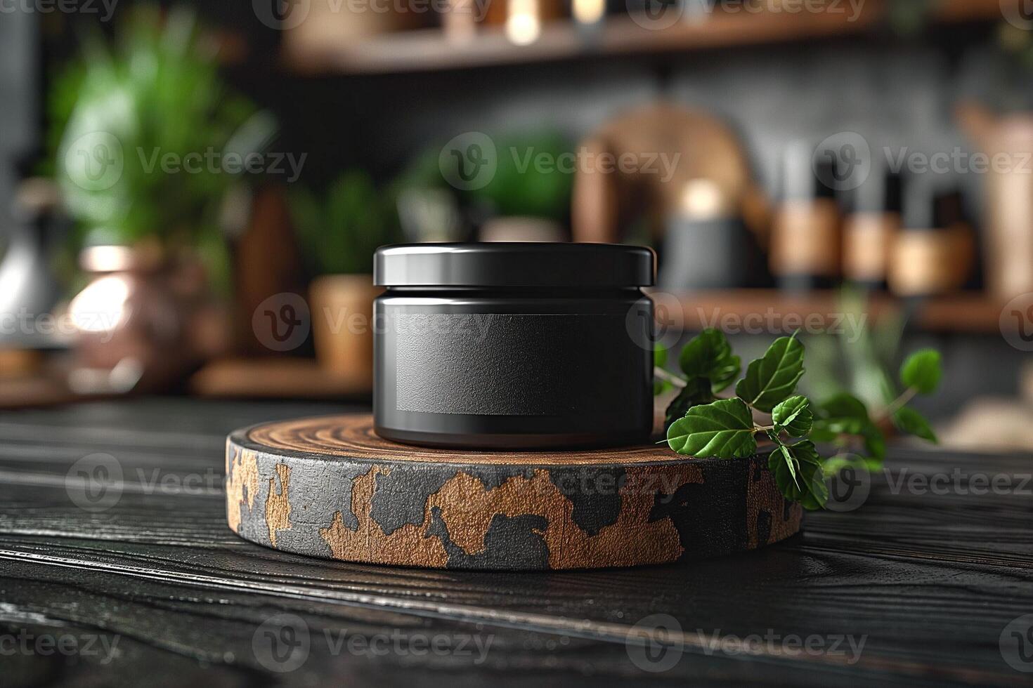 Elegantly styled black jar on a wooden display with greenery in a serene setting. photo