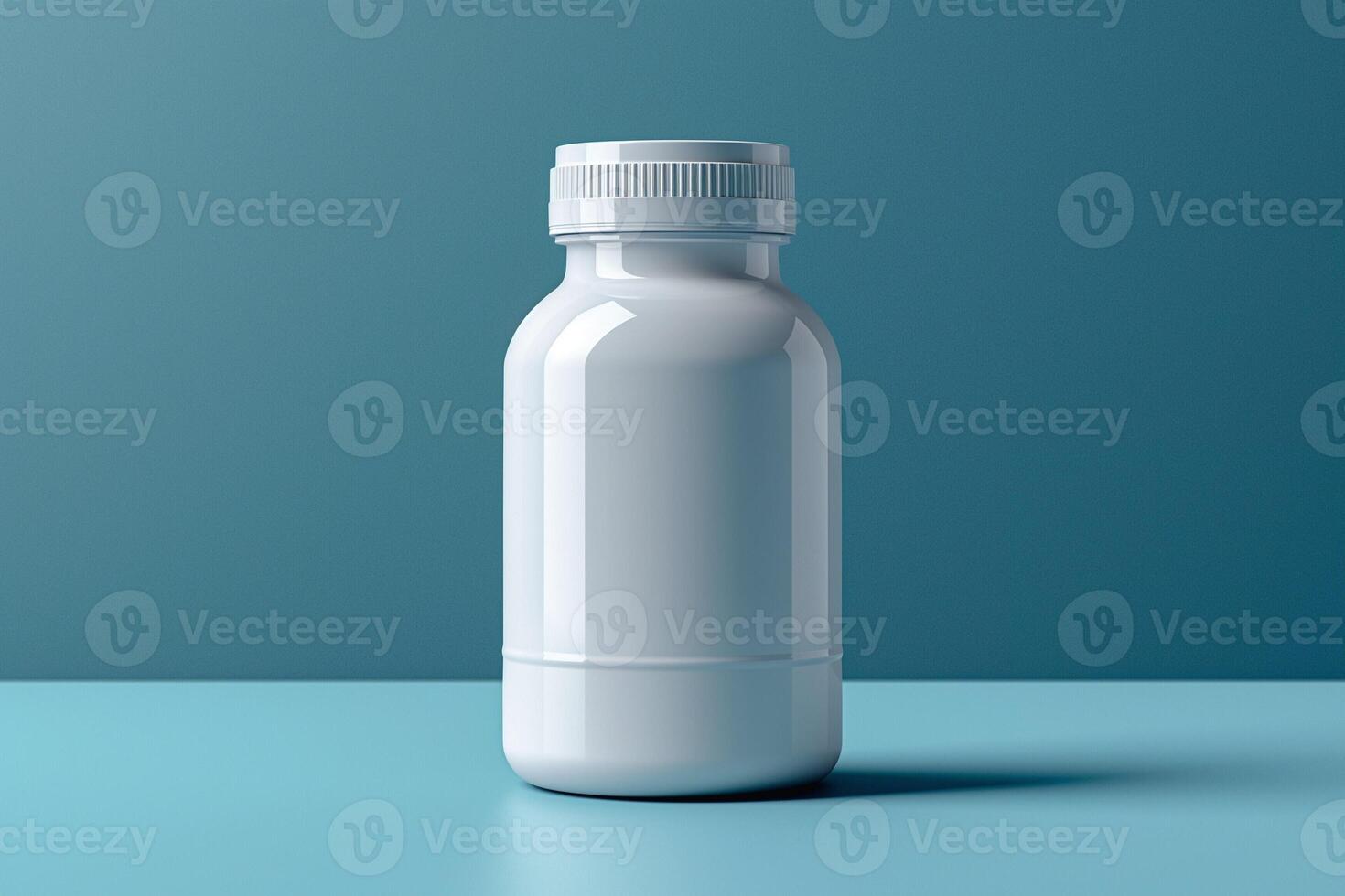 A clean, white plastic bottle with a screw-on cap against a smooth turquoise background. photo