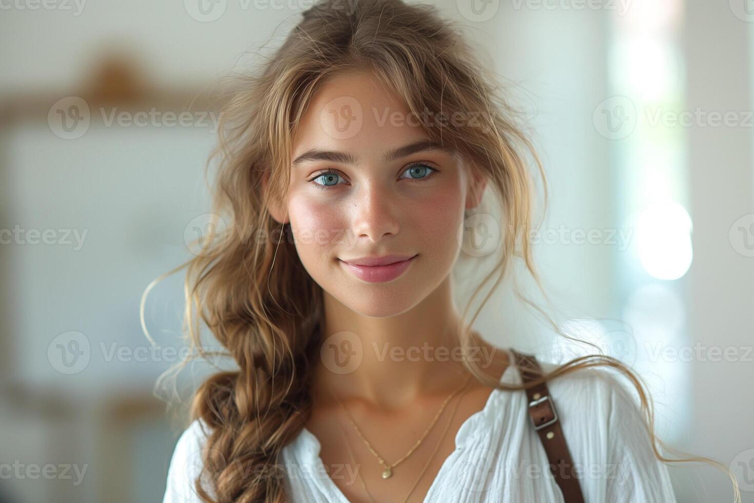 A young woman with long, wavy hair and bright blue eyes, exuding a warm smile in a bright, airy room. photo