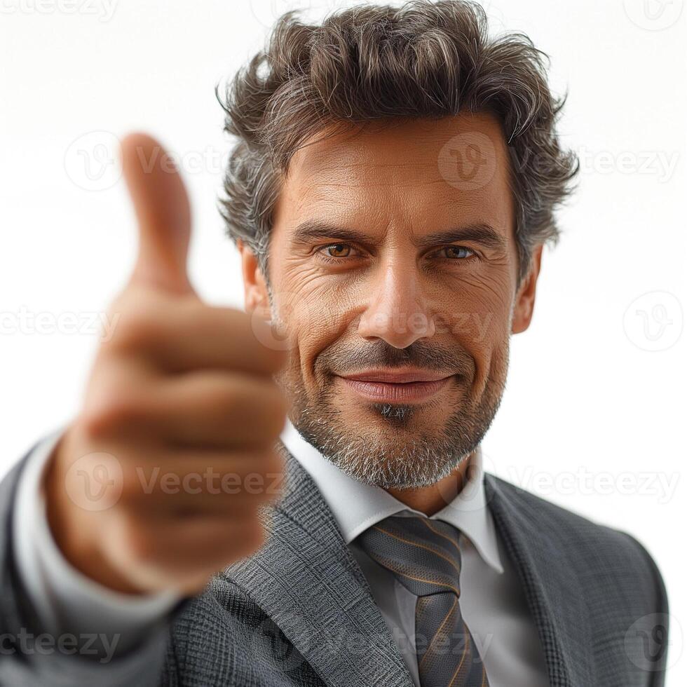 Confident middle-aged man with curly hair in a suit giving a thumbs up gesture. photo