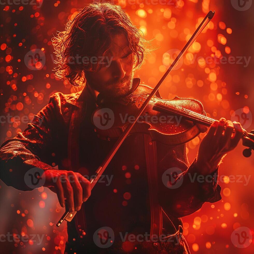 A passionate male musician performing with a violin against a fiery, dynamic backdrop. photo