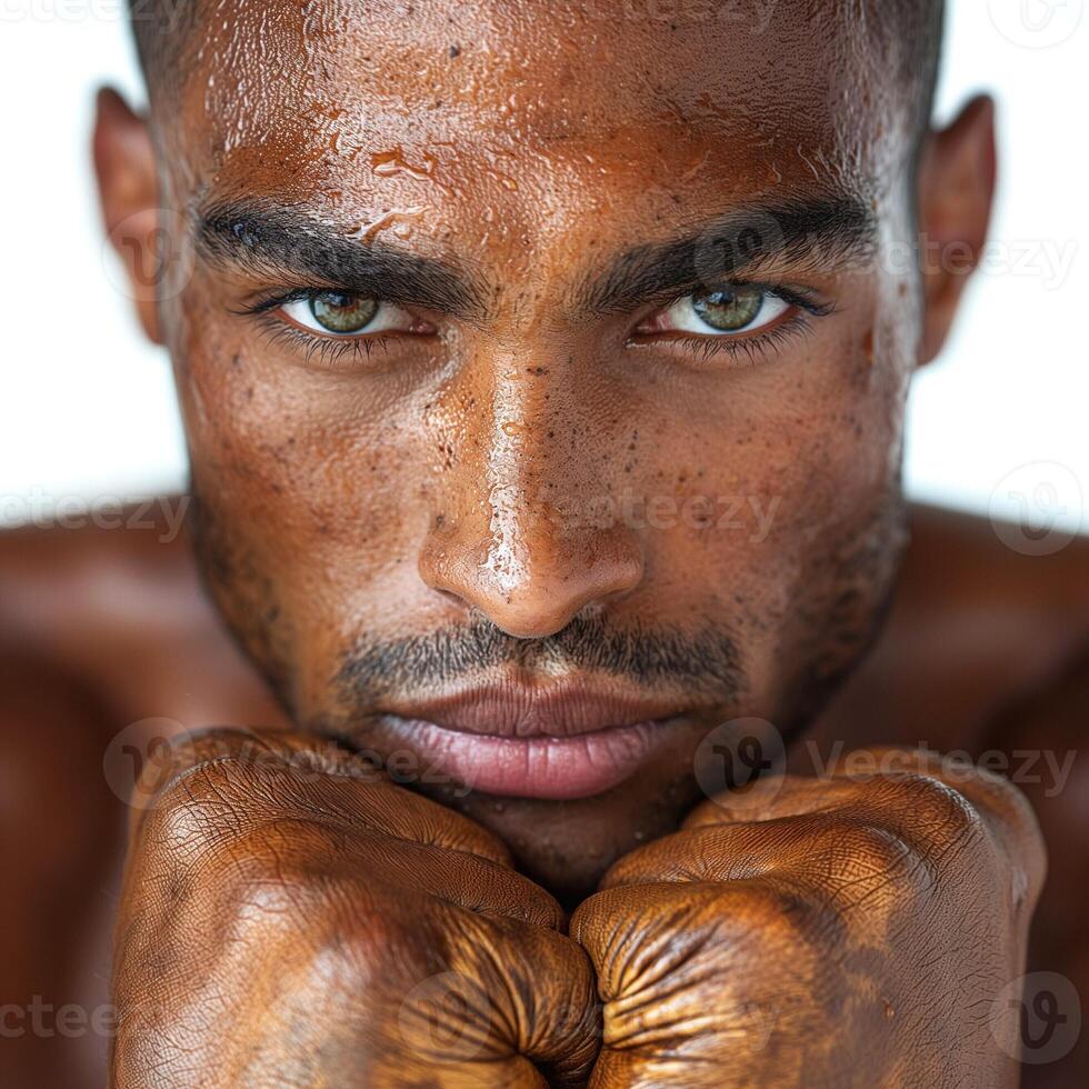 Portrait of a young athletic Black male with striking green eyes and a focused expression, showcasing determination and power. photo