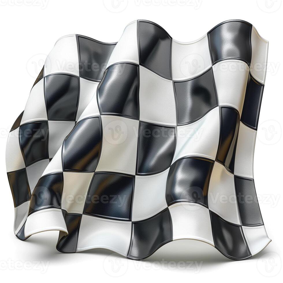 A dynamic waving checkered flag showcasing a striking black and white pattern. photo