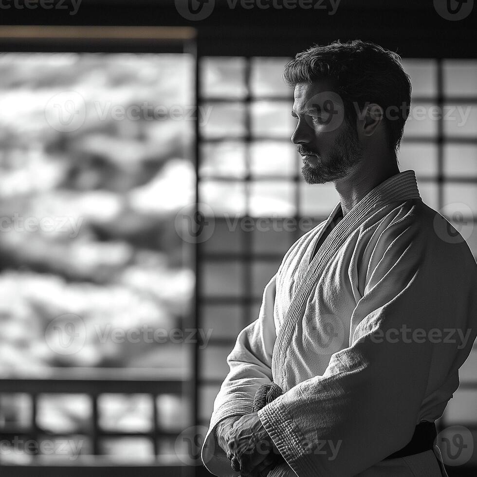 A contemplative Caucasian male in a traditional martial arts gi, exuding calmness and focus in a serene dojo setting. photo