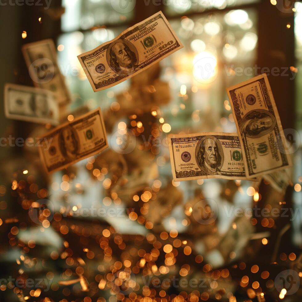 Dollar bills floating amidst shimmering lights create a dreamy, luxurious ambiance. photo