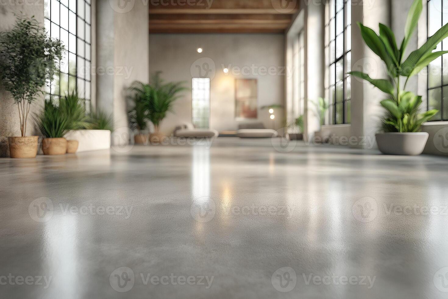 Bright, spacious interior with large windows showcasing a modern design and greenery, creating a serene atmosphere. photo