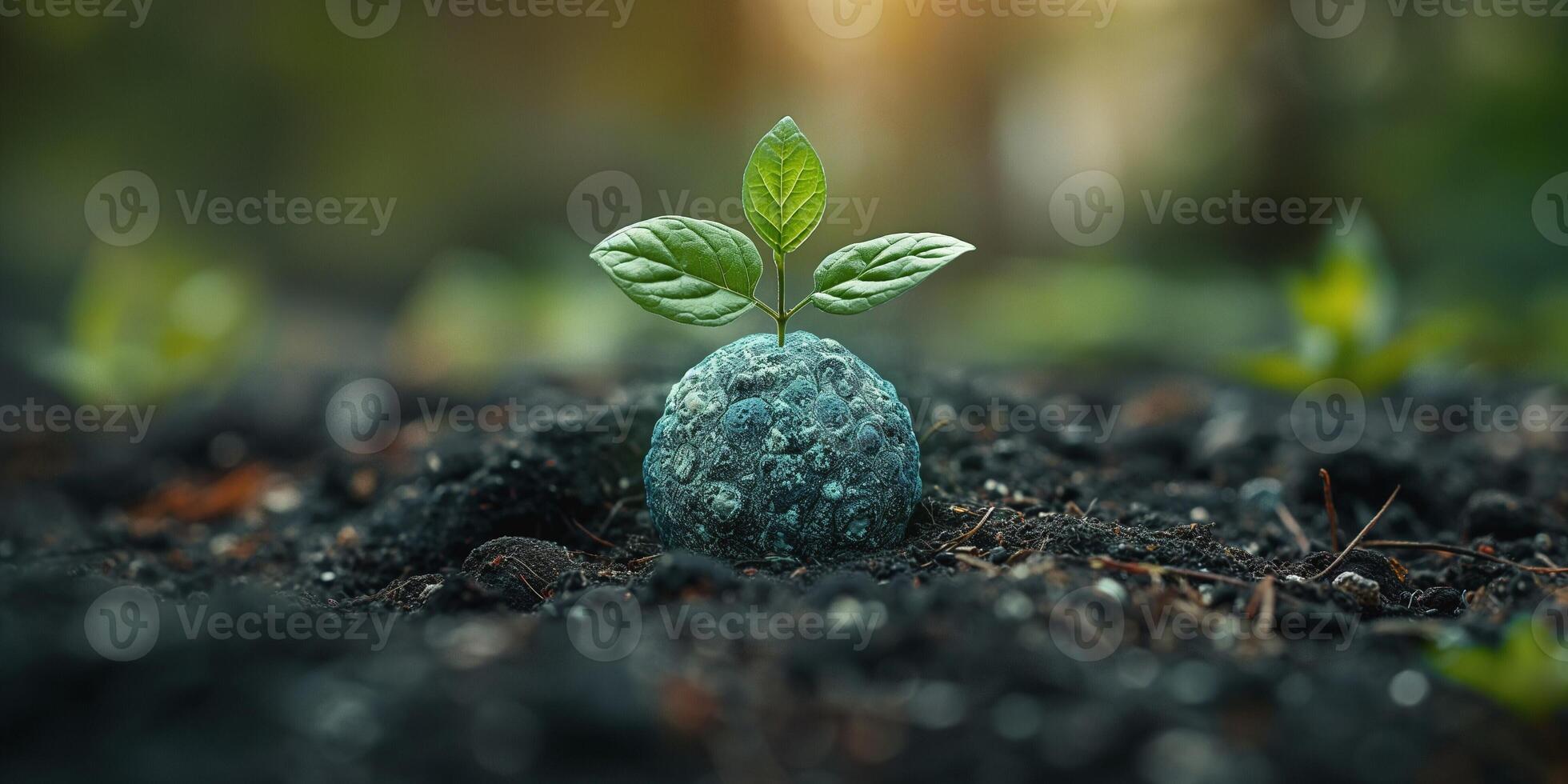 A small green seedling emerges from the soil, symbolizing growth and renewal in a lush, natural setting. photo