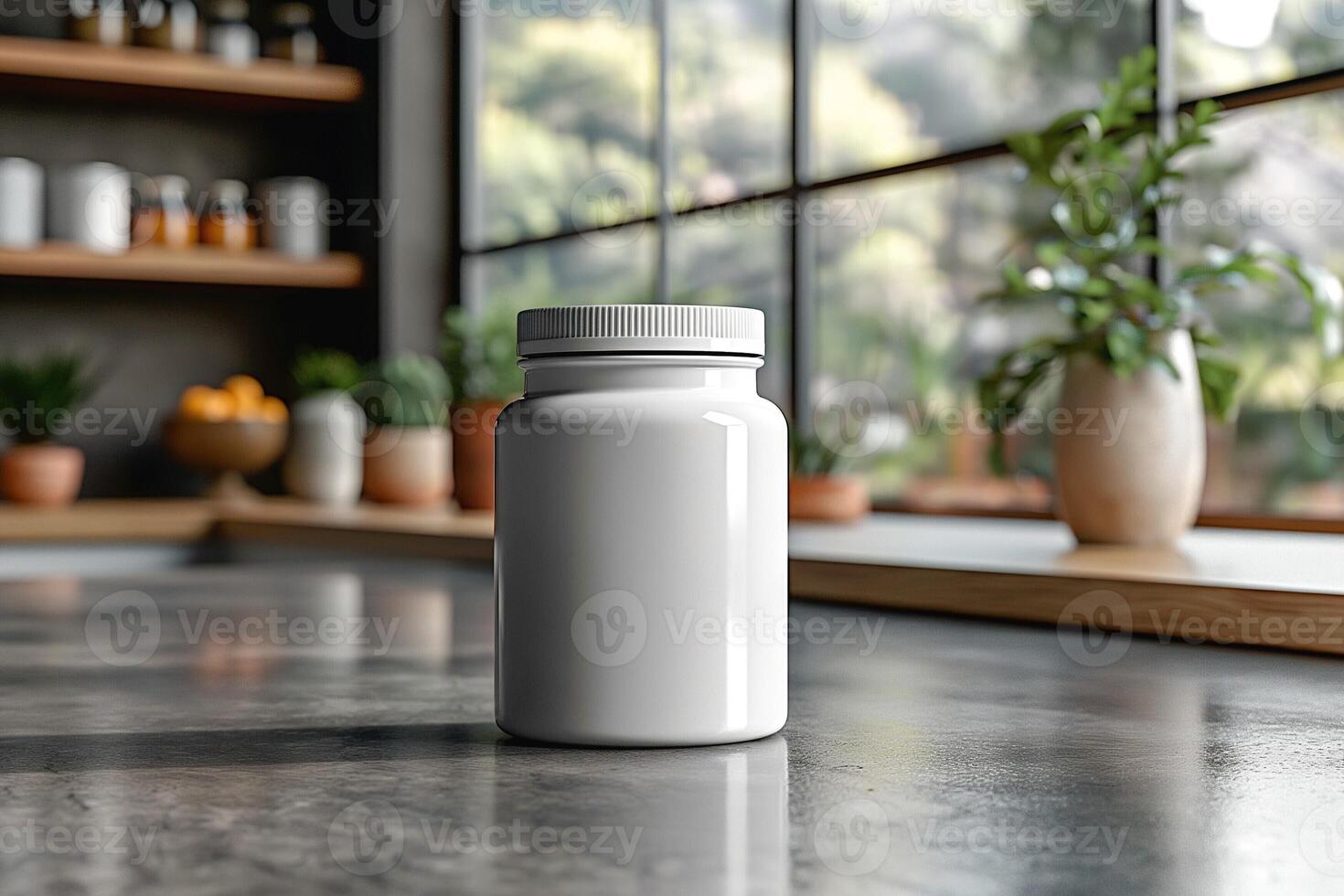 A plain white jar sits on a modern kitchen countertop, reflecting natural light from the window, surrounded by greenery. photo