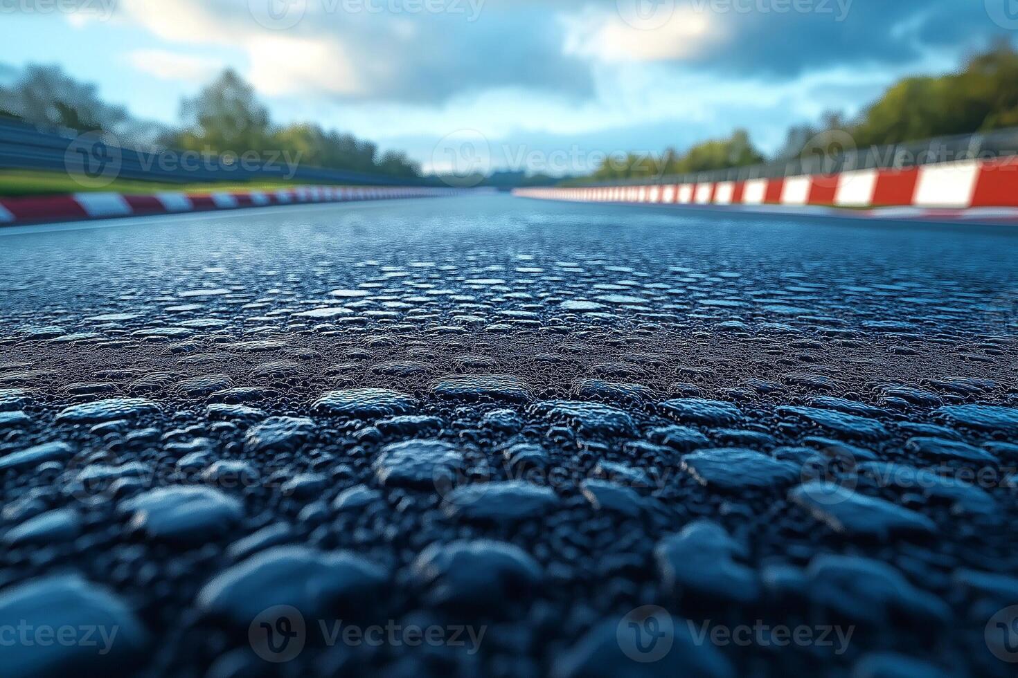 A close-up view of a racetrack with droplets of water glistening on its surface after rain. photo