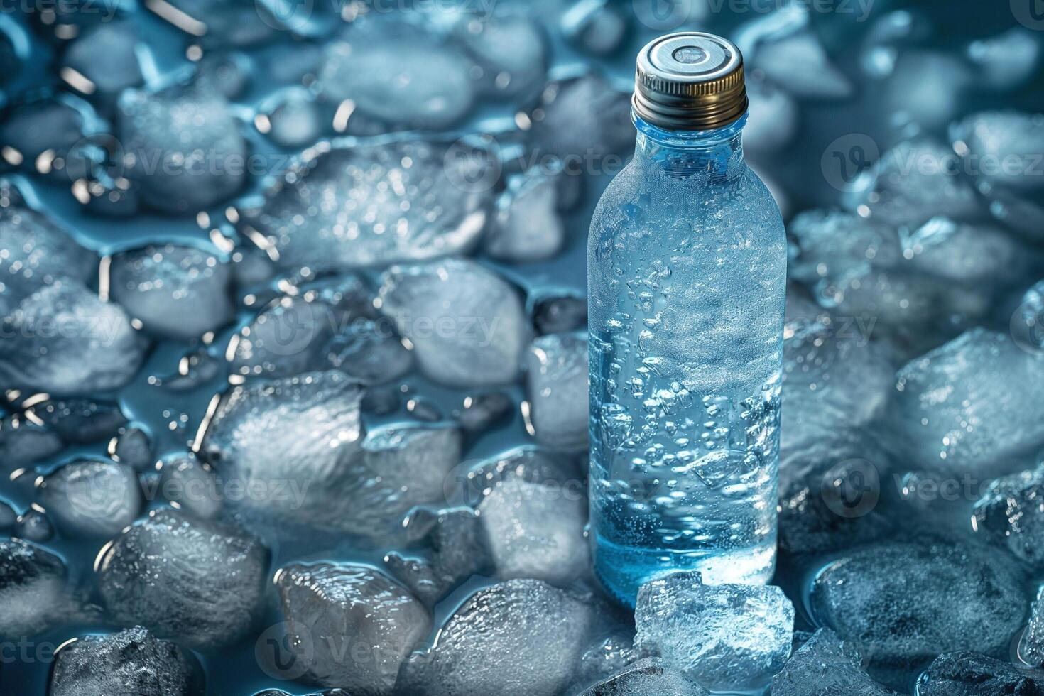A clear bottle of water surrounded by ice, creating a refreshing and cool ambiance. photo