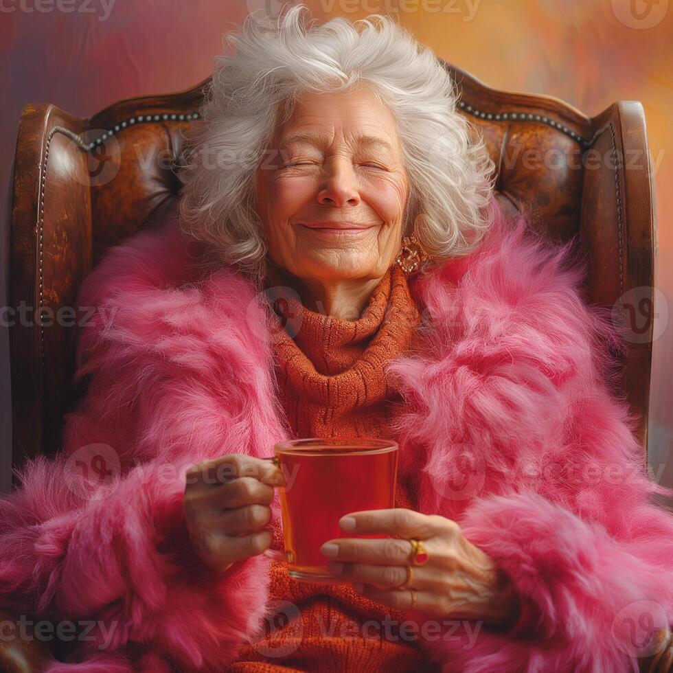 An elderly Caucasian woman in a plush pink robe smiles peacefully with a tea cup in hand, radiating warmth and contentment. photo