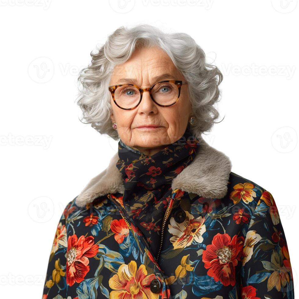 An elderly Caucasian woman with curly gray hair, wearing a floral-patterned coat with a fur collar, staring thoughtfully at the camera. photo
