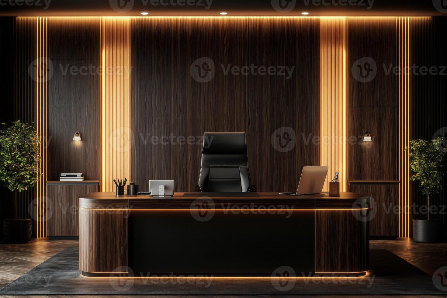 Modern executive office with sleek black and wood design, featuring elegant lighting and a spacious desk. photo