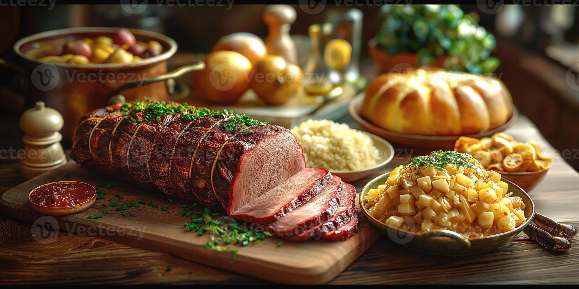 A beautifully arranged feast featuring a succulent roast beef, flavorful sides, and freshly baked bread, showcasing vibrant colors and textures. photo