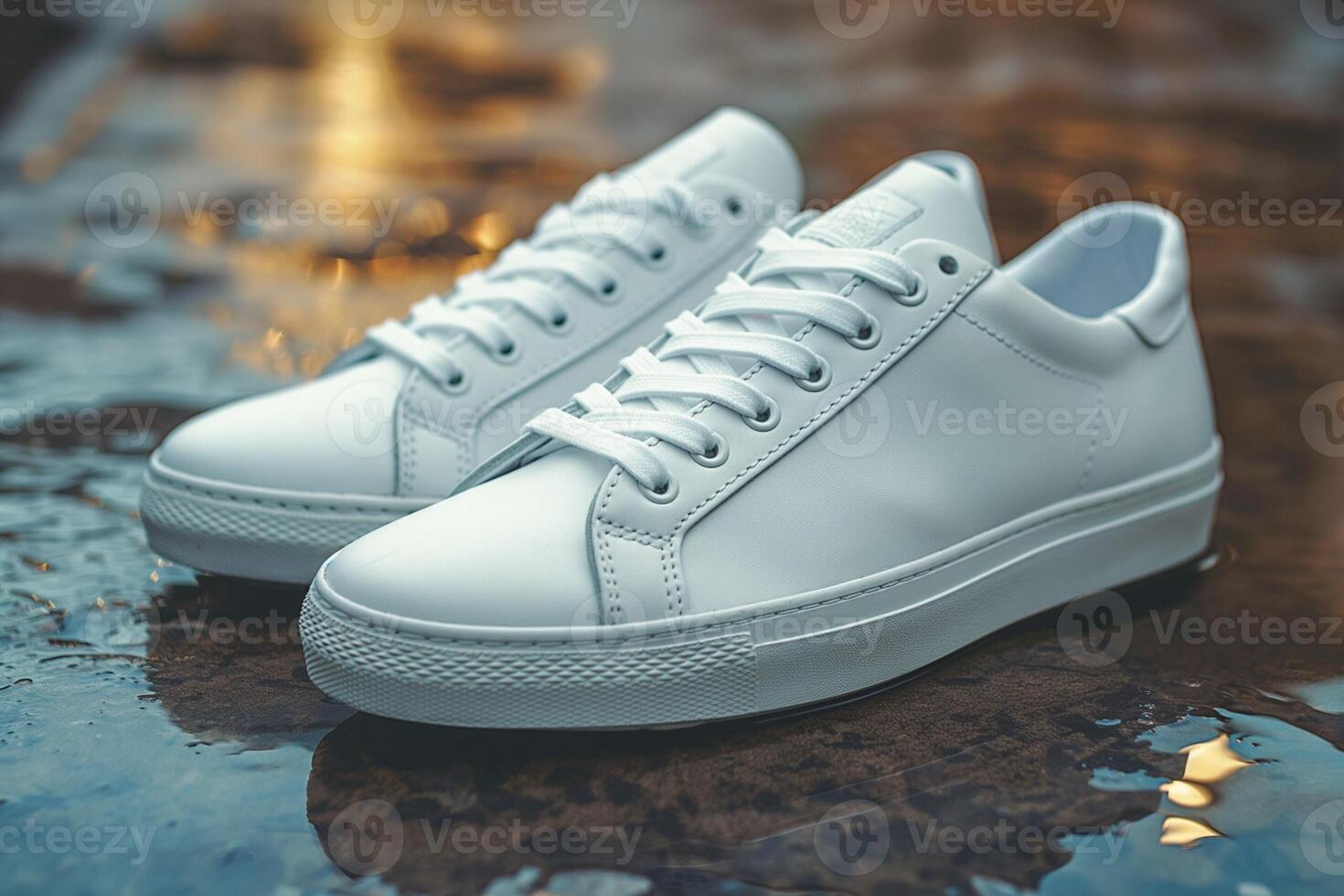 Stylish white sneakers displayed on a wet surface, reflecting soft light for an elegant look. photo