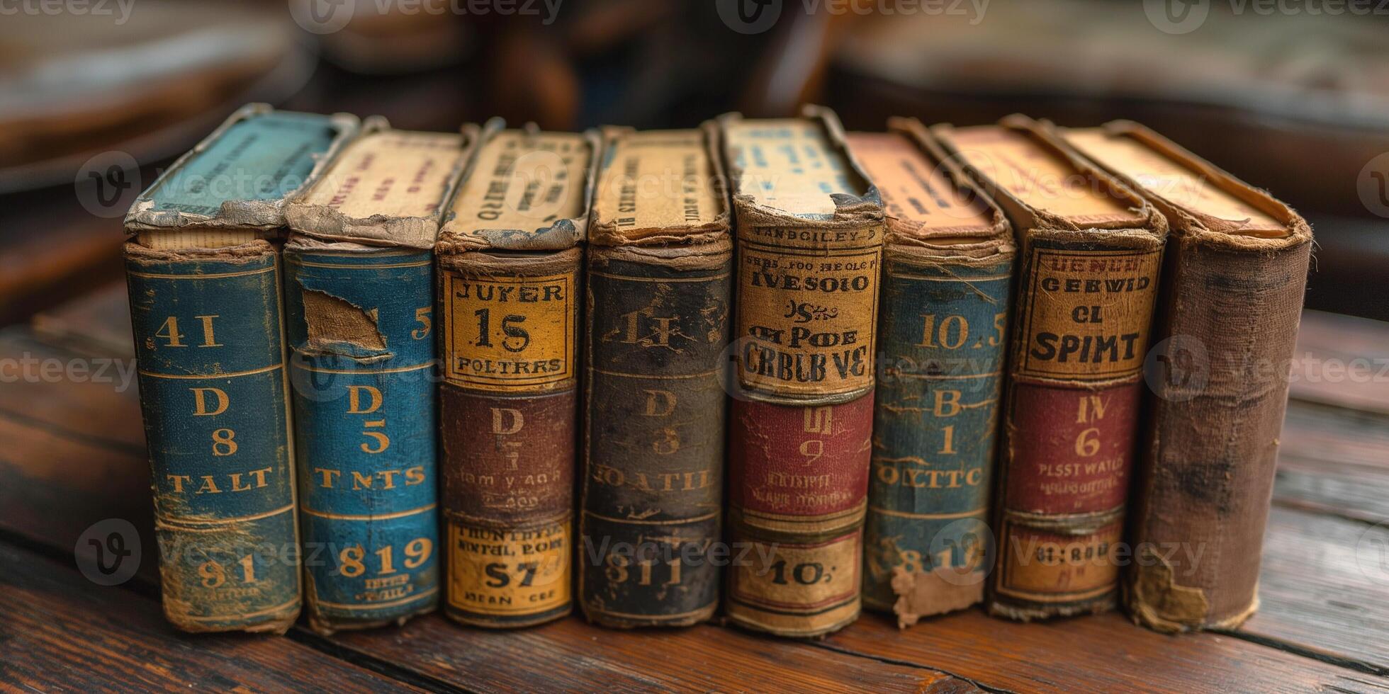 A collection of vintage books with worn covers, resting on a wooden table, evoking a sense of nostalgia and history. photo