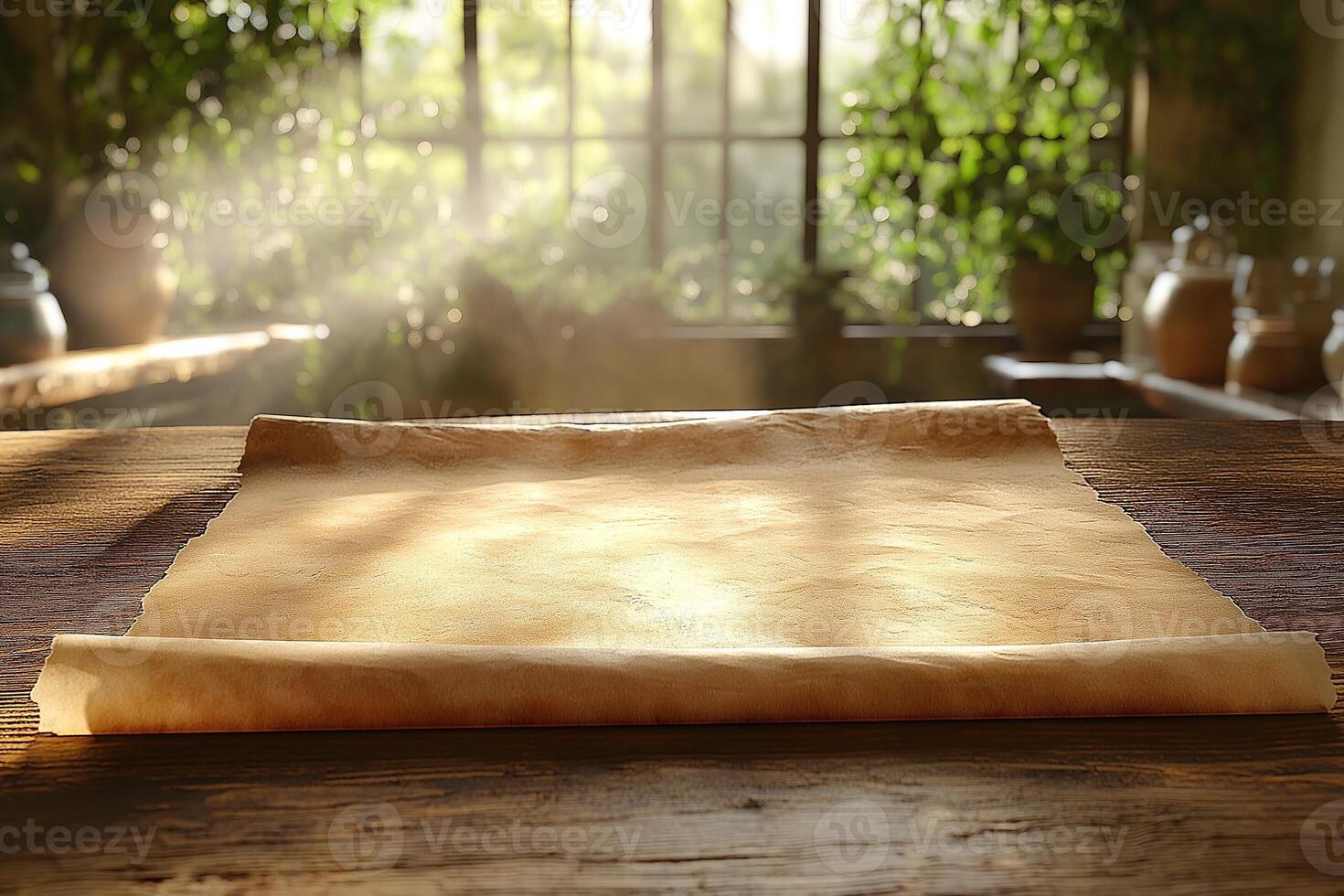 An empty parchment roll lies on a wooden table, illuminated by soft sunlight streaming through windows filled with greenery. photo