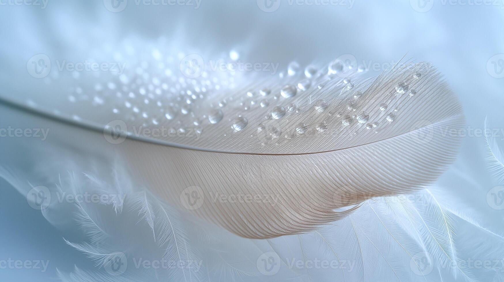 A delicate white feather adorned with glistening water droplets, showcasing nature's beauty in soft, serene tones. photo
