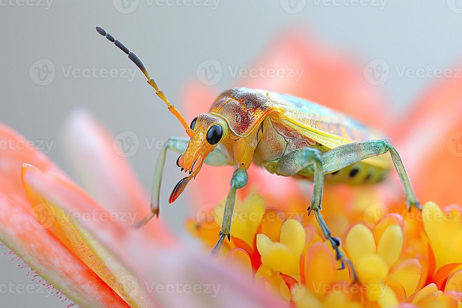 A vibrant, close-up of a colorful beetle perched on a bright flower, showcasing its intricate details. photo