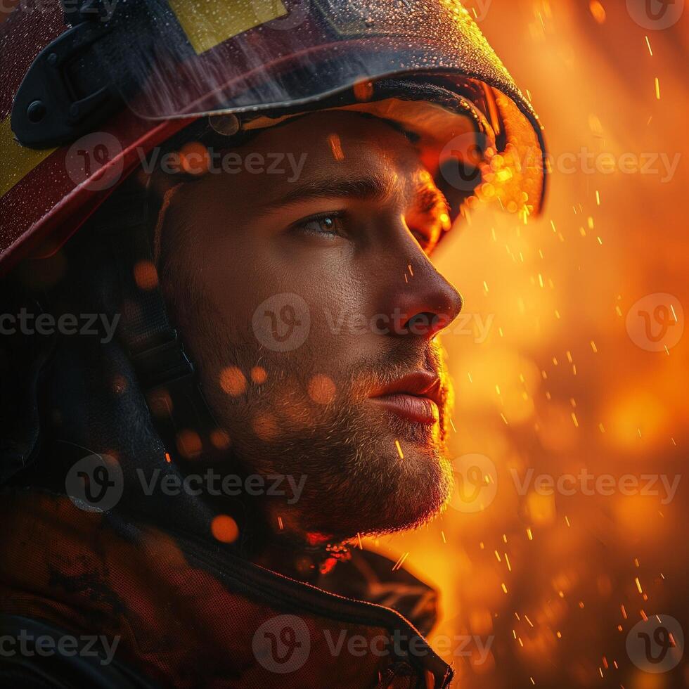 A focused male firefighter in helmet amid sparks and rain, illuminated by warm glows of fire, showcasing bravery and determination. photo