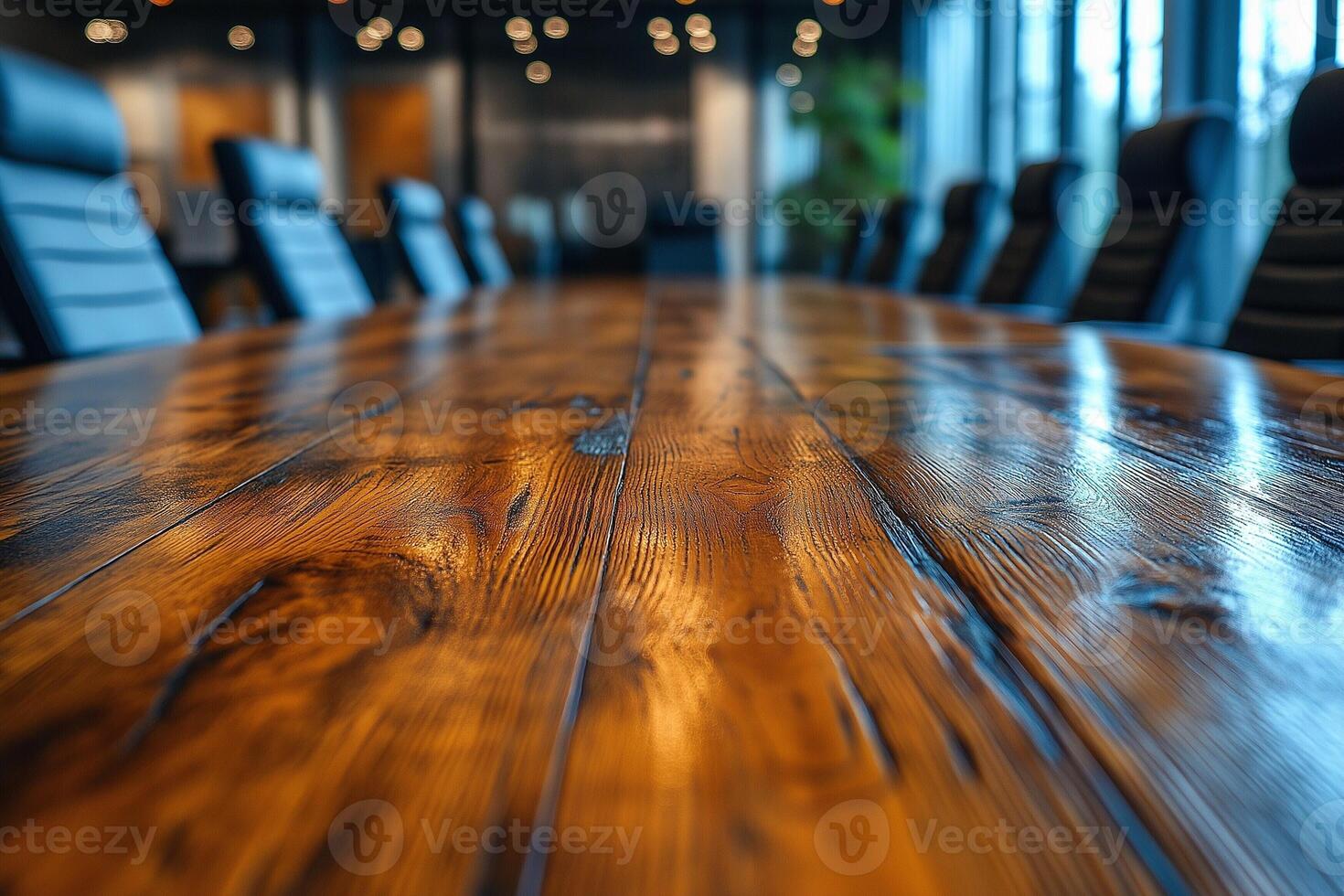 A polished wooden conference table in a modern boardroom setting, reflecting soft lighting from above. photo