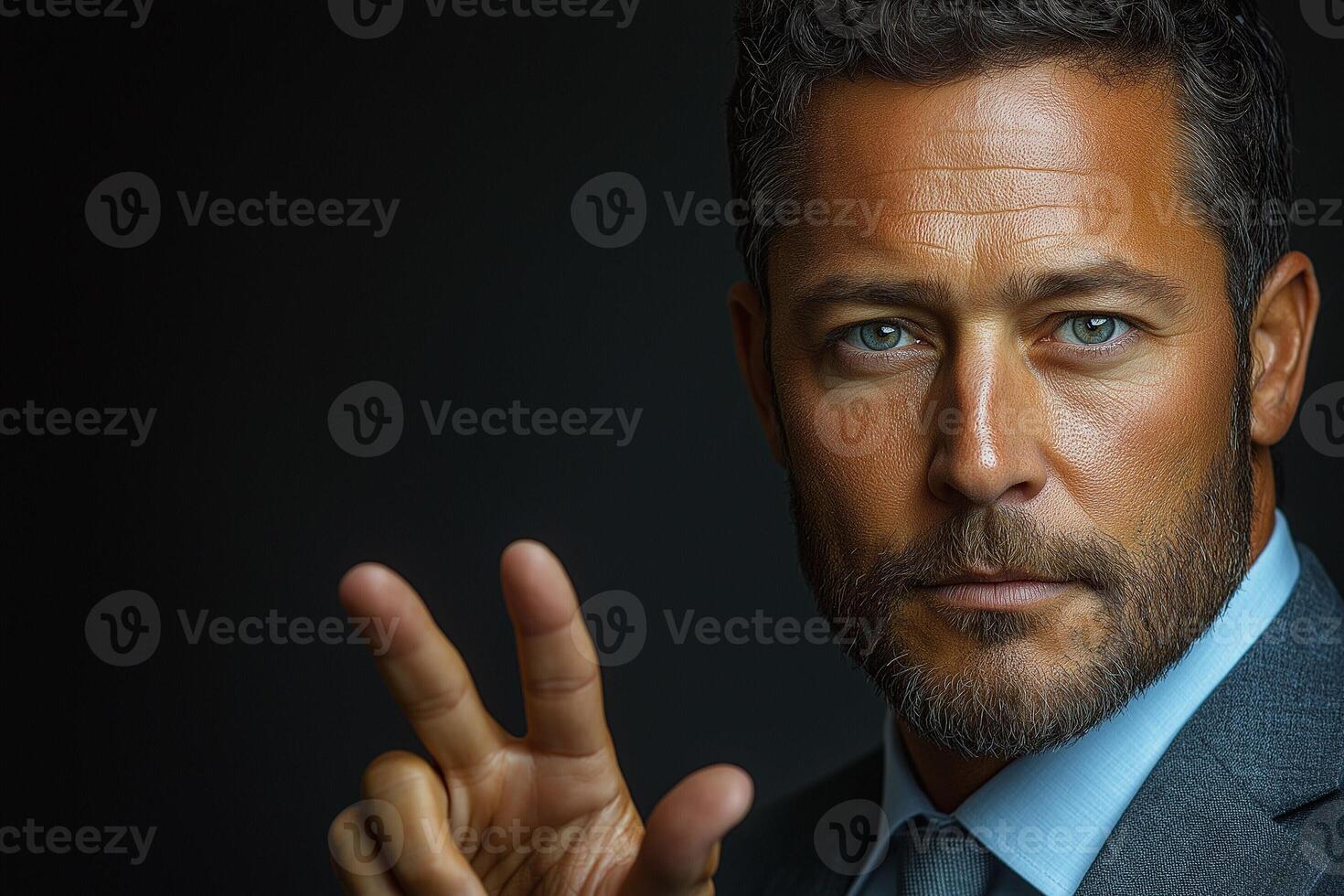 A sophisticated Caucasian man in a suit gestures confidently against a dark background. photo