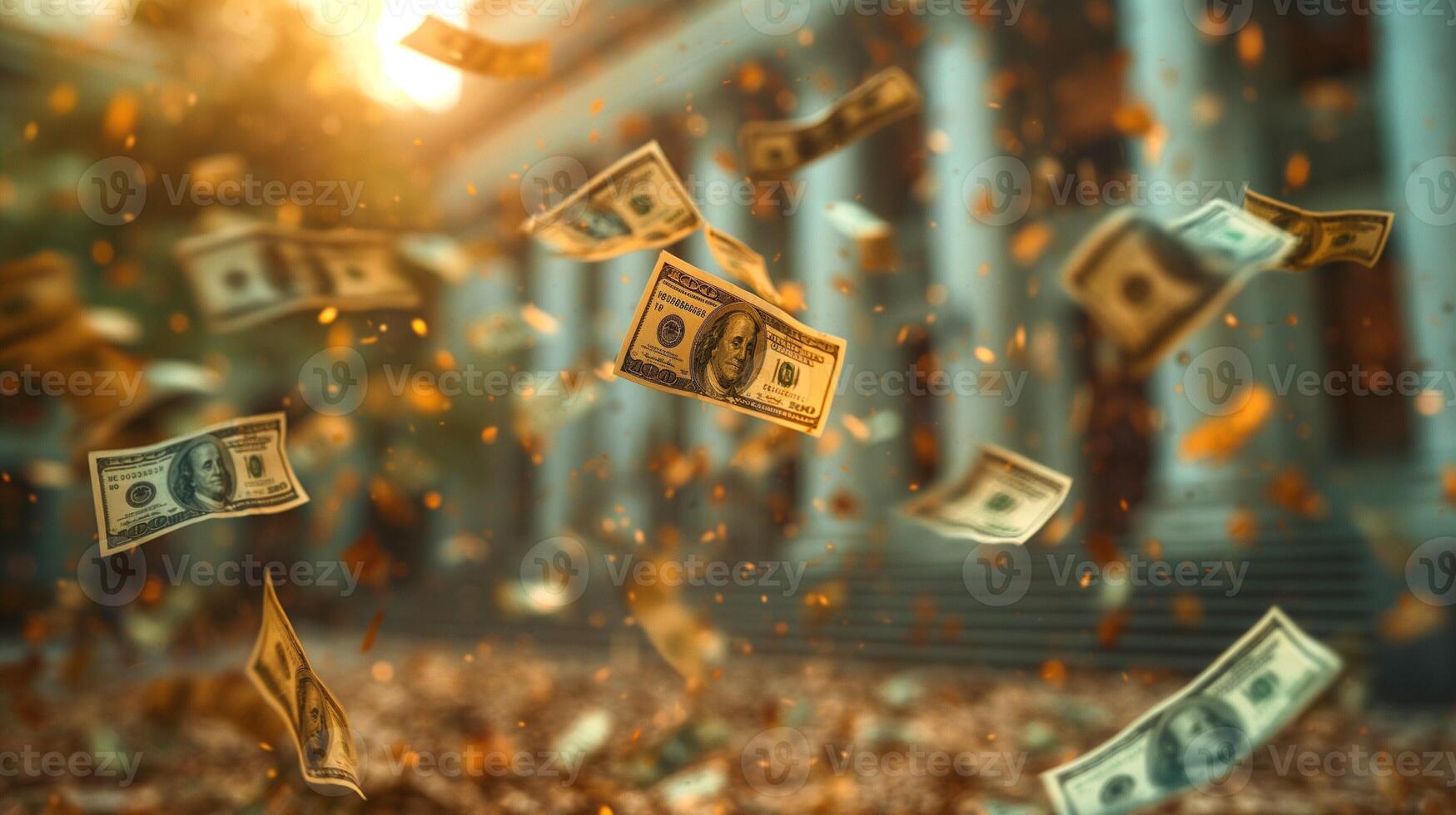 Floating dollar bills create a mesmerizing scene against a warm sunset glow, symbolizing wealth and abundance. photo