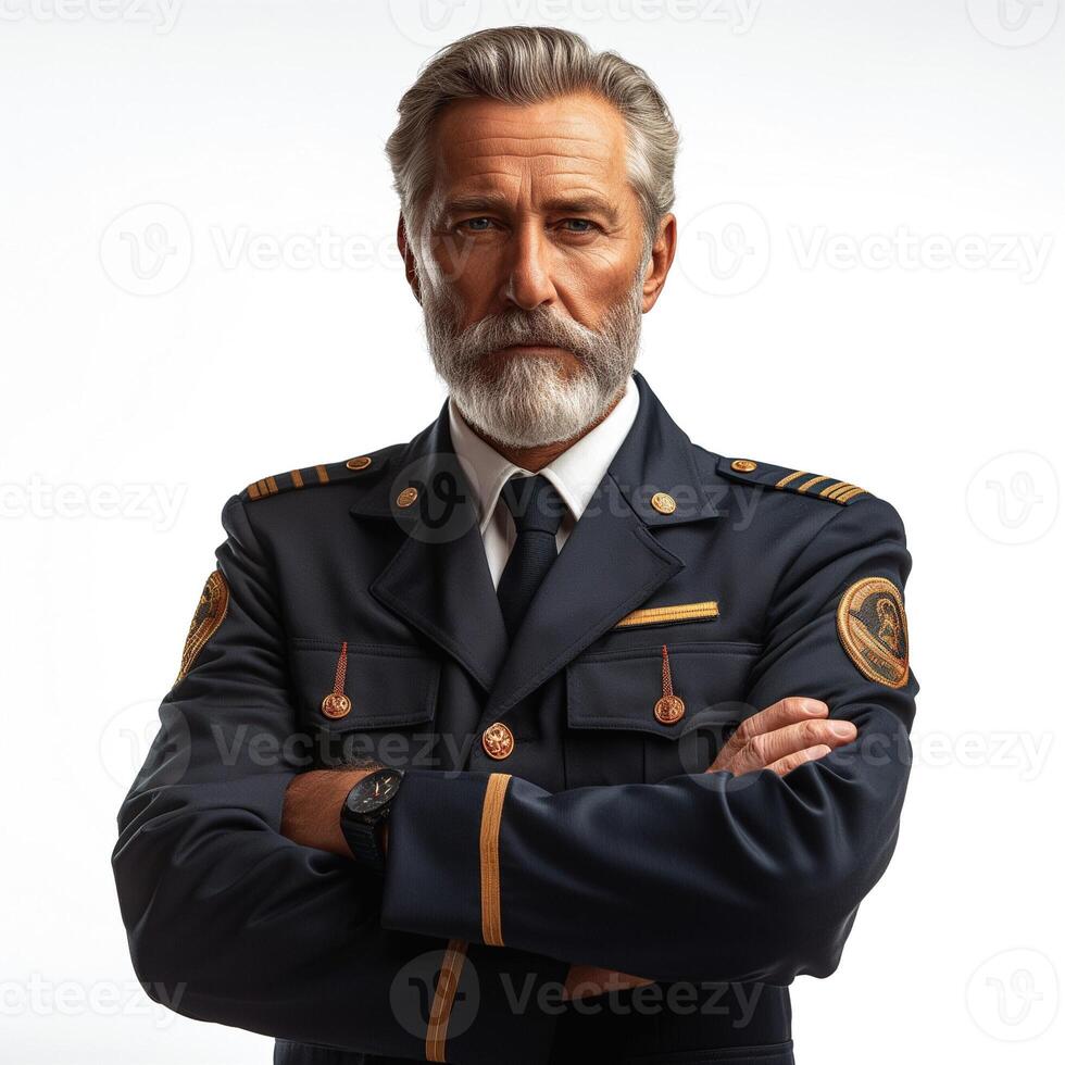 Confident older male officer in formal uniform with a serious expression, embodying leadership and authority. photo