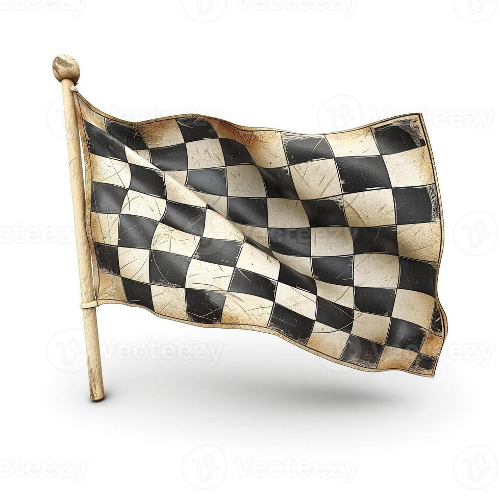 A weathered black and white checkered flag waving, symbolizing victory and competition. photo