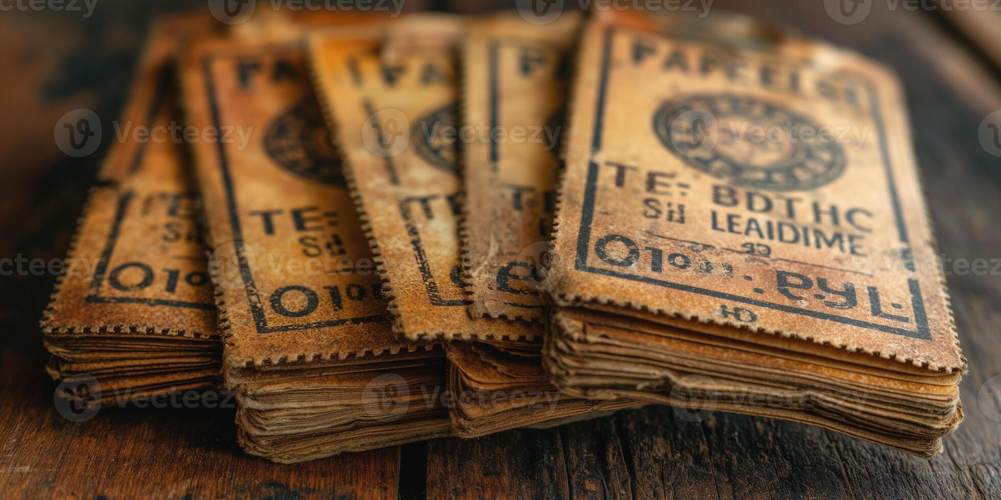 A collection of vintage paper tickets stacked on a rustic wooden surface, showcasing aged textures and historical charm. photo